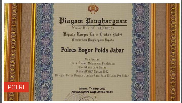 Satuan Laka Lantas Polres Bogor Raih Penghargaan IRSMS Award Dari Korlantas Polri