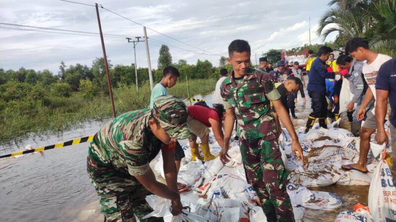 Peduli Akan Kesulitan Rakyat, Anggota Koramil 1012-10/Dusun Selatan Sigap Bantu Gotong-Royong Timbun Jalan yang Terputus Terdampak banjir