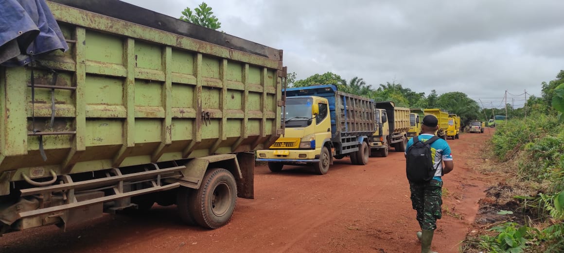 Ratusan Dump Truk Dikerahkan untuk Angkut Tanah Latrit Guna Penimbuan Badan Jalan Satgas TMMD ke 120 Kodim 1015/Sampit