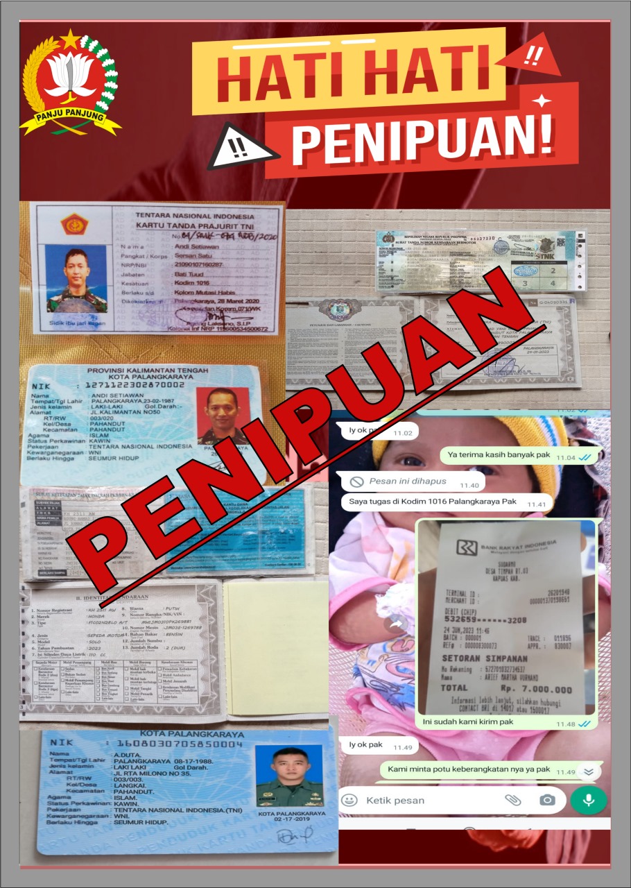 Waspada Penipuan Menjual Sepeda Motor atau Mobil Mengatasnamakan Anggota Kodim 1016/Palangka Raya