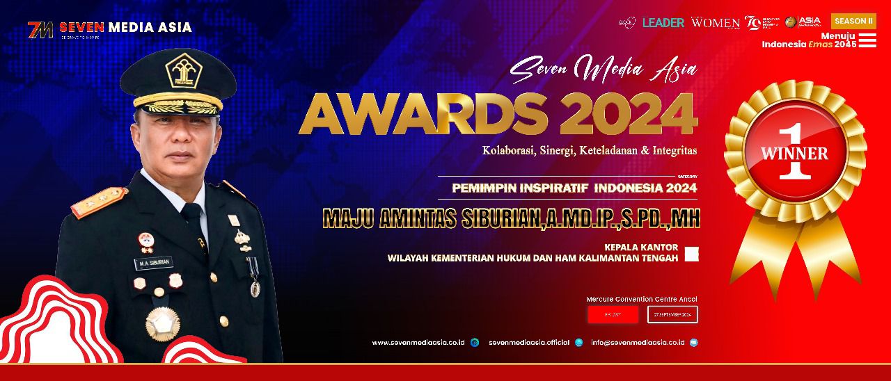 “Pemimpin Inspiratif Indonesia 2024”, Kakanwil Kemenkumham Kalteng Terima Penghargaan dari Seven Media Asia Awards 2024