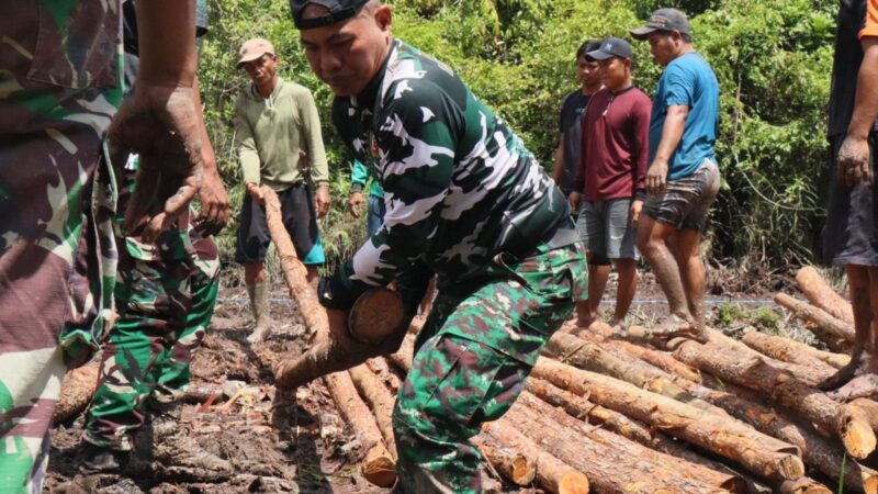 Puluhan personil Satgas TMMD Reg Ke-123 Kodim 1019/Katingan bersama warga bersatu padu Mengangkut Kayu Cerucuk Untuk Badan Jalan