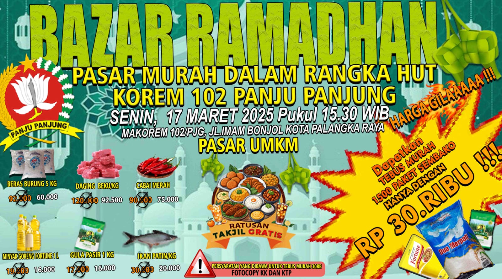 Peringati HUT Ke-51, Korem 102/Pjg Gelar Bazar Ramadhan dan Pasar Murah, 2 Ribu Paket Sembako