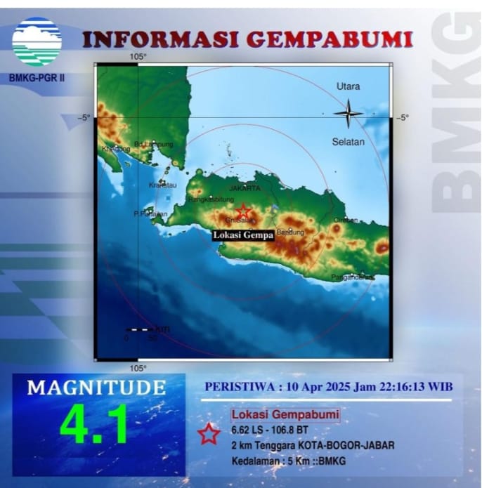 Telah Terjadi Gempa Di Kota Bogor, Jawa Barat, 4,1 Magnitude