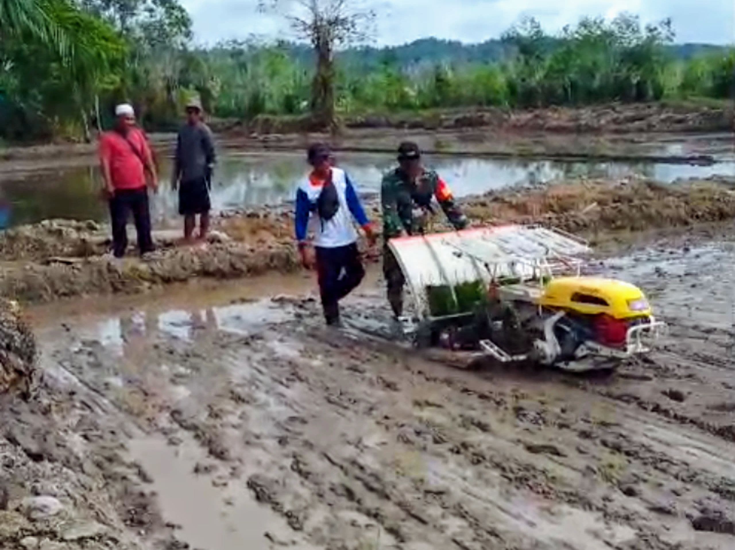 Babinsa Operasikan Transplanter Bantu Petani Tanam Padi di Kecamatan Tewah