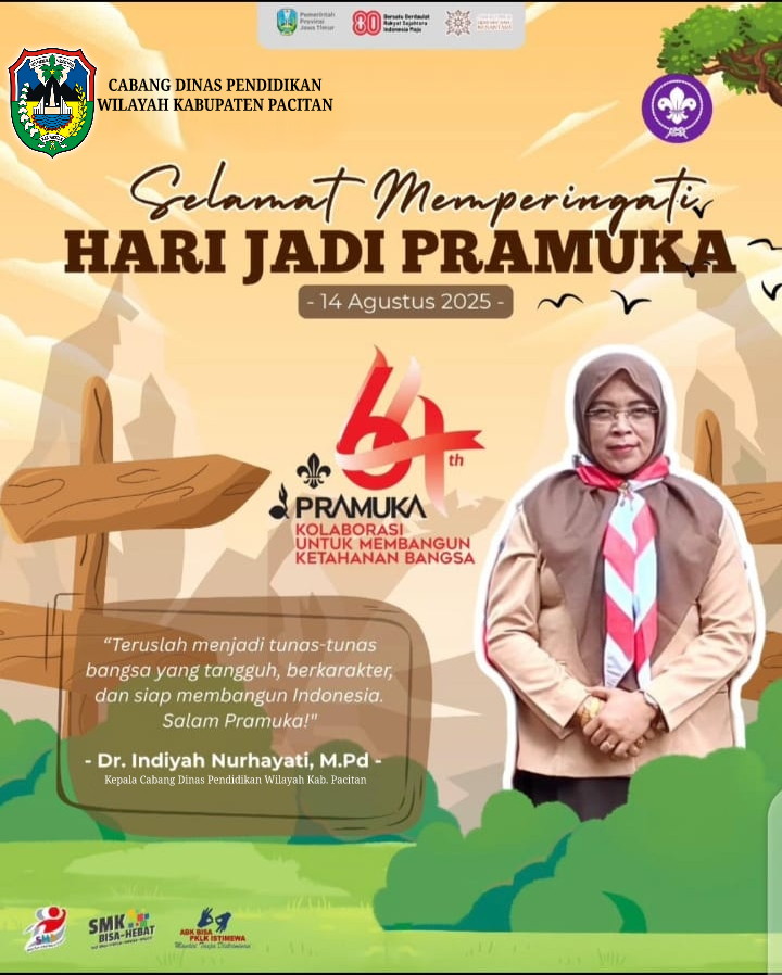 Ucapan Hari Jadi Pramuka ke-64 Th 2025, Dinas Pendidikan Provinsi Jawa Timur Cabang Dinas Pendidikan Wilayah Kabupaten Pacitan.