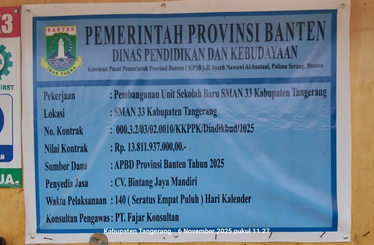 Proyek Pembangunan SMAN 33 Kabupaten Tangerang Bernilai Rp13,8 Miliar Diduga Abaikan Standar K3