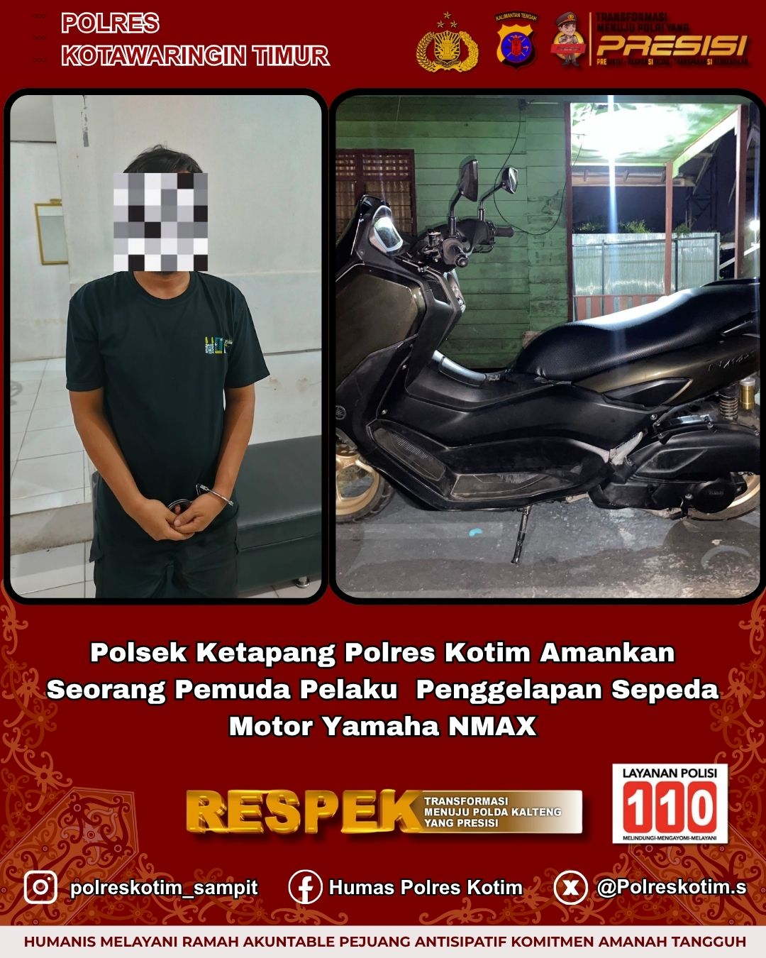 Polsek Ketapang Polres Kotim Amankan Seorang Pemuda Pelaku Penggelapan Sepeda Motor Yamaha NMAX.