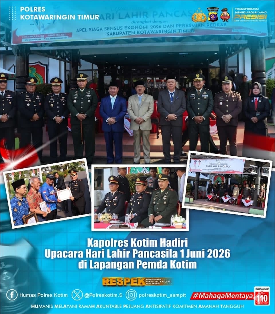 Kapolres Kotim Hadiri Upacara Hari Lahir Pancasila 2026 di Lapangan Pemda