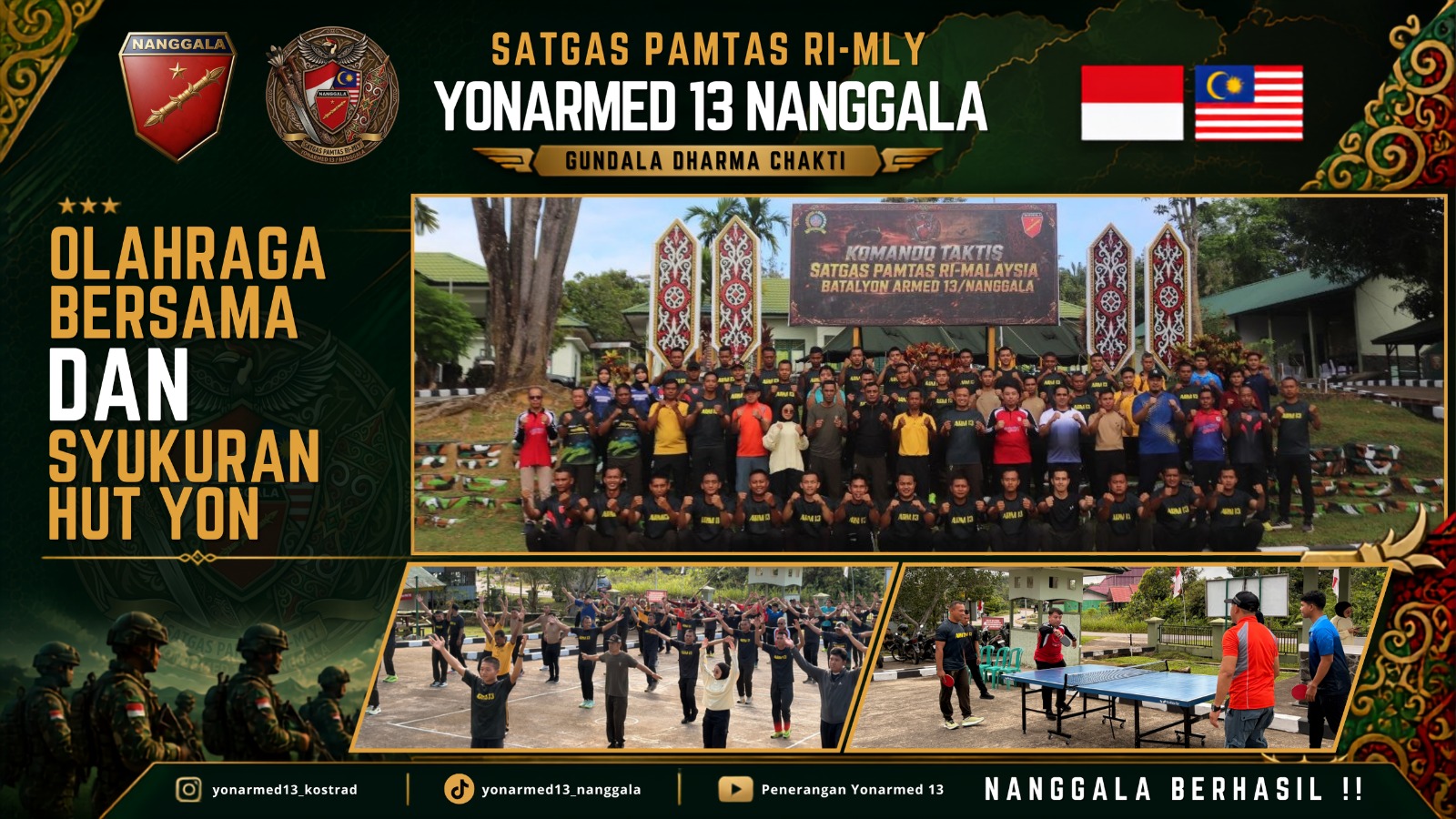 Perkuat Sinergitas di Tapal Batas, Satgas Pamtas Yonarmed 13/Nanggala Pos Kotis Gelar Olahraga Bersama dan Syukuran HUT Ke-64.