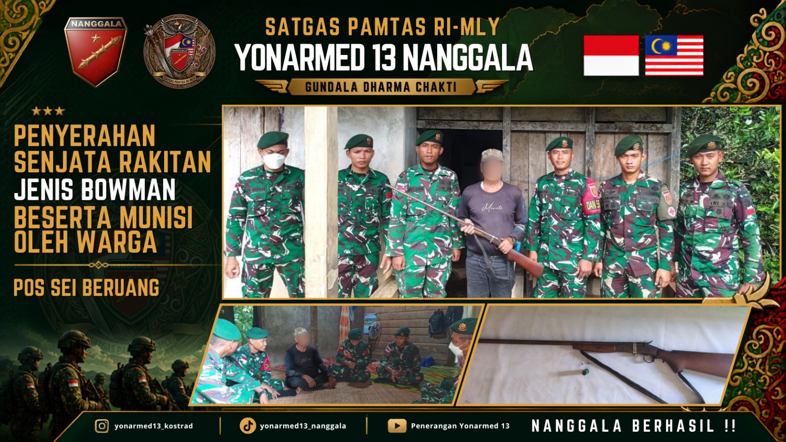 Pendekatan Humanis Berbuah Hasil, Warga Perbatasan Sukarela Serahkan Senpi Rakitan ke Satgas Pamtas Yonarmed 13/Nanggala
