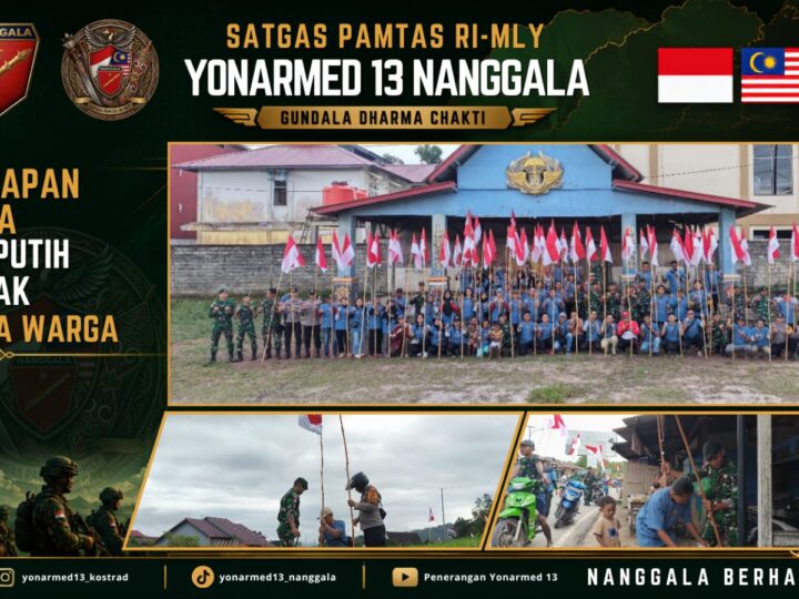 Semarakkan HUT RI Ke-81, Satgas Yonarmed 13 Kostrad dan Warga Badau Kibarkan Merah Putih Sepanjang 4 KM di Perbatasan