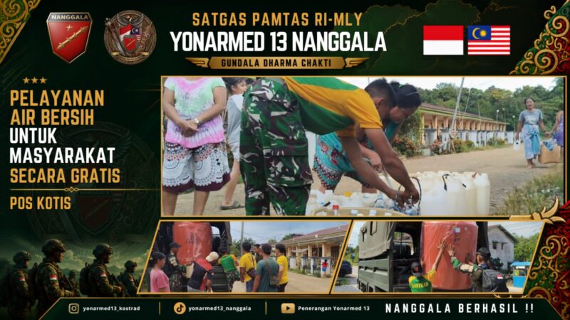 Bantu Atasi Kesulitan Warga Perbatasan, Pos Kotis Satgas Yonarmed 13/Nanggala Distribusikan 4.000 Liter Air Bersih Gratis di Desa Pesayah
