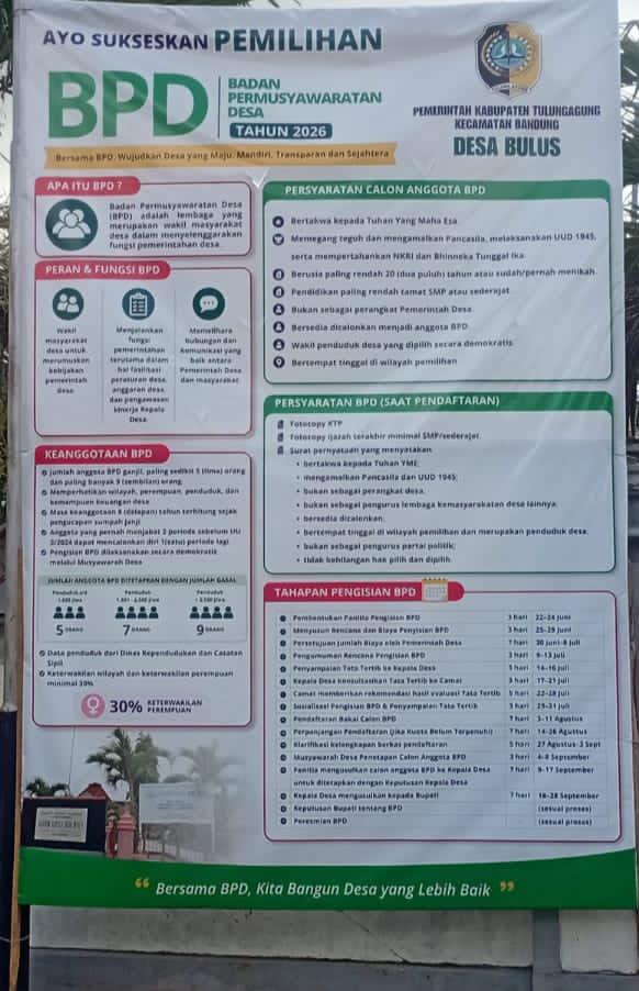 SOSIALISASI PEMILIHAN BPD DESA BULUS TULUNGAGUNG TAHUN 2026: WUJUDKAN DESA MAJU, MANDIRI, TRANSPARAN DAN SEJAHTERA