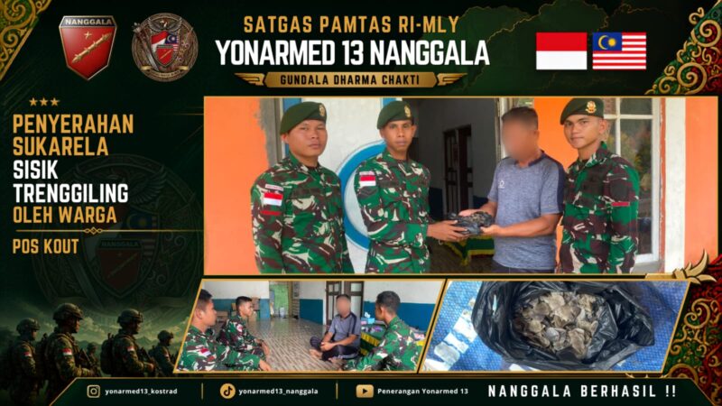 Gencarkan Komsos dan Edukasi Hukum, Satgas Pamtas Yonarmed 13/Nanggala Terima Penyerahan Sukarela ±1 Kg Sisik Trenggiling dari Warga Perbatasan