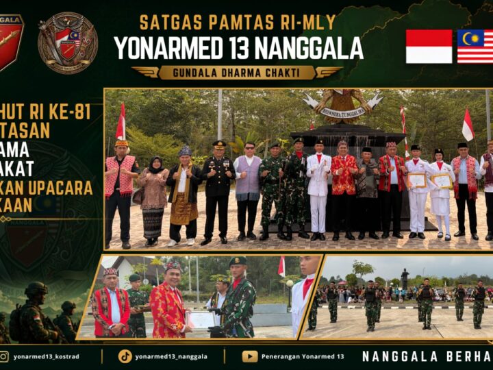 Khidmat dan Meriah, Pos Kotis Satgas Yonarmed 13/Nanggala Ikuti Rangkaian Upacara HUT Ke-81 RI Hingga Penurunan Bendera di PLBN Badau