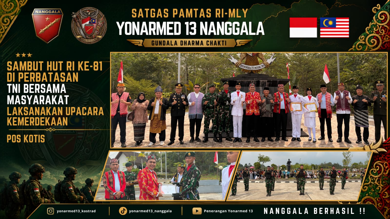 Khidmat dan Meriah, Pos Kotis Satgas Yonarmed 13/Nanggala Ikuti Rangkaian Upacara HUT Ke-81 RI Hingga Penurunan Bendera di PLBN Badau