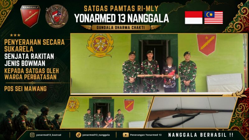 Gencarkan Komsos dan Edukasi Hukum, Satgas Pamtas Yonarmed 13/Nanggala Terima Penyerahan Sukarela 1 Pucuk Senjata Api Rakitan dari Warga Perbatasan