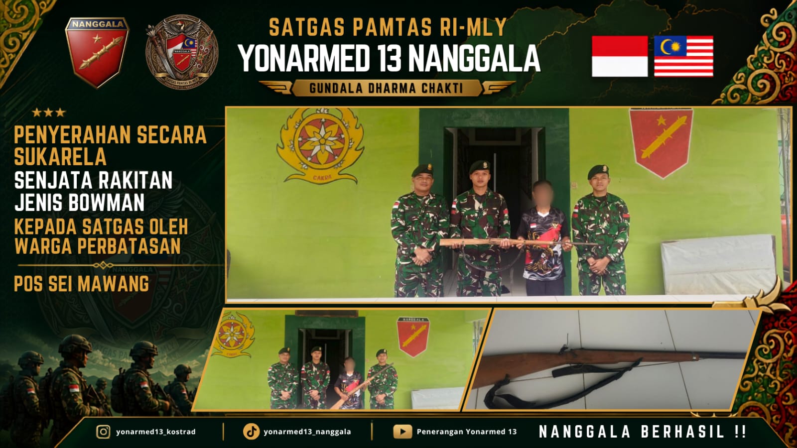 Gencarkan Komsos dan Edukasi Hukum, Satgas Pamtas Yonarmed 13/Nanggala Terima Penyerahan Sukarela 1 Pucuk Senjata Api Rakitan dari Warga Perbatasan