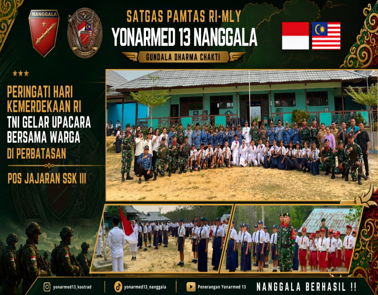 Kobarkan Semangat Nasionalisme di Perbatasan, Pos Jajaran SSK III Satgas Yonarmed 13/Nanggala Gelar Upacara Kemerdekaan Bersama Siswa