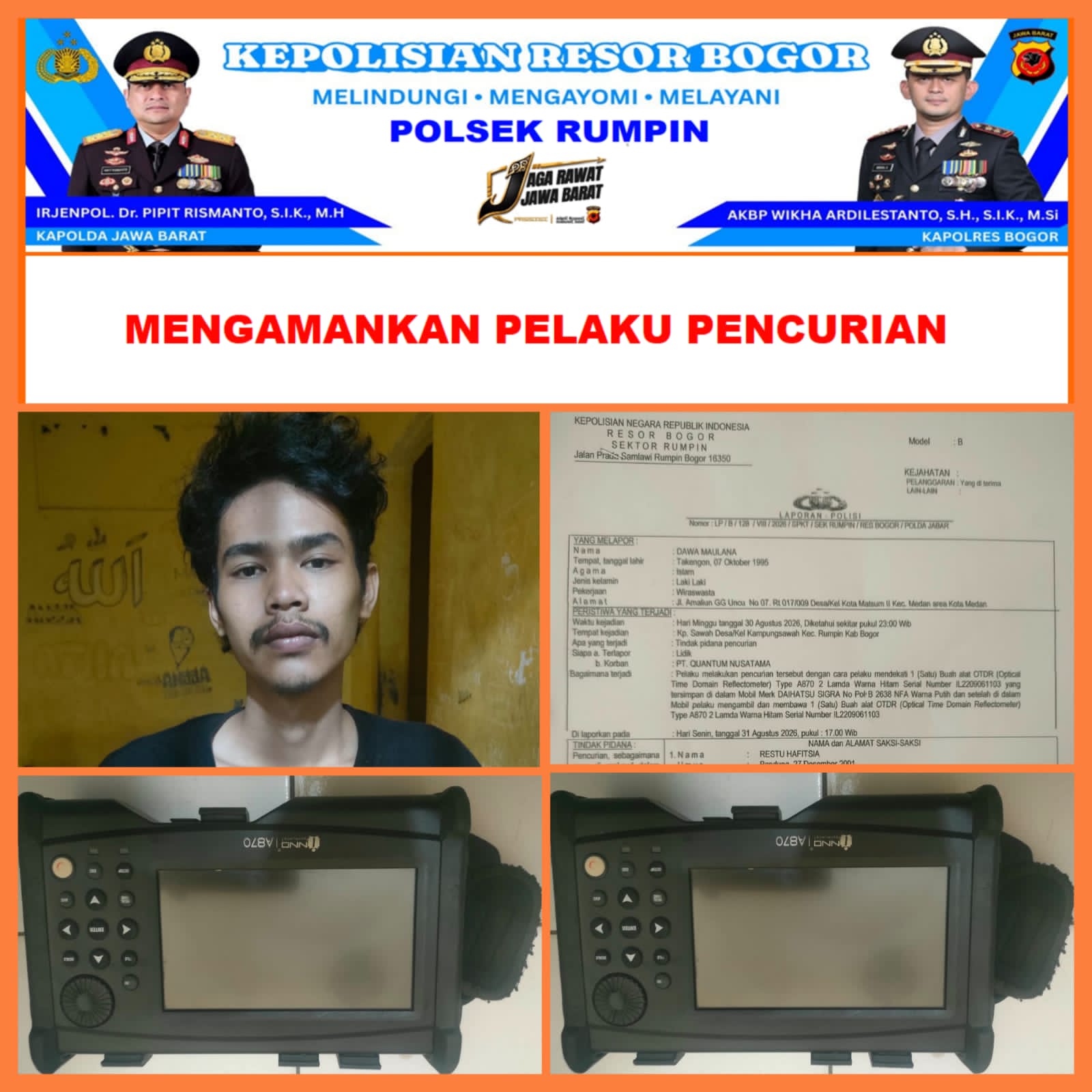 Polsek Rumpin Amankan Terduga Pelaku Pencurian OTDR Senilai Rp16,5 Juta